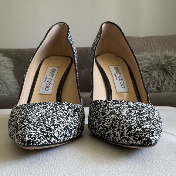 Jimmy Choo ROMY 100 Pointy Toe Pump Heel Shoes Black White Glitter 38.5 - Picture 10 of 17